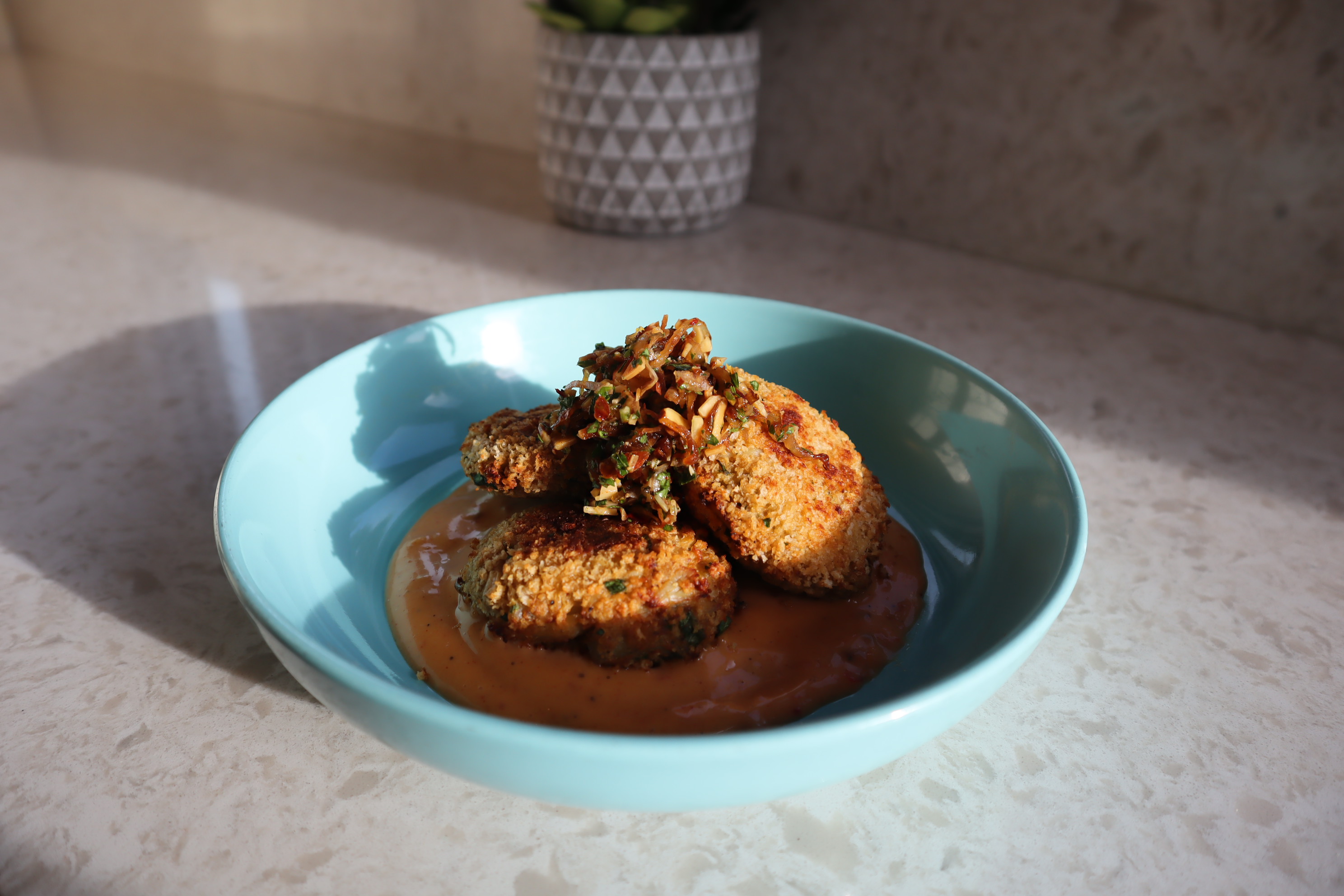 Hot Honey and Crispy Shallot Crab Cakes